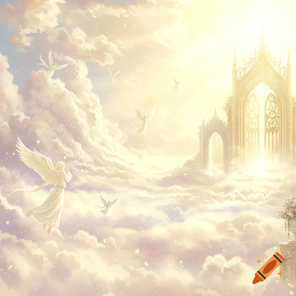 Angels fly through a bright, cloudy heaven towards ornate, glowing gates in a fantastical, illustrative style.