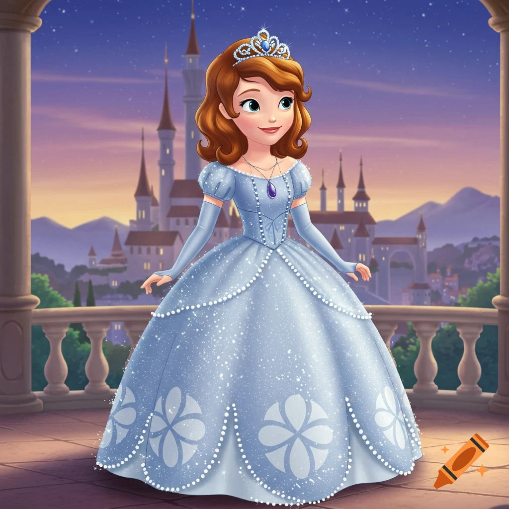 A cartoon princess with brown hair and blue eyes wears a sparkling light blue gown and silver tiara on a balcony overlooking a castle at sunset.
