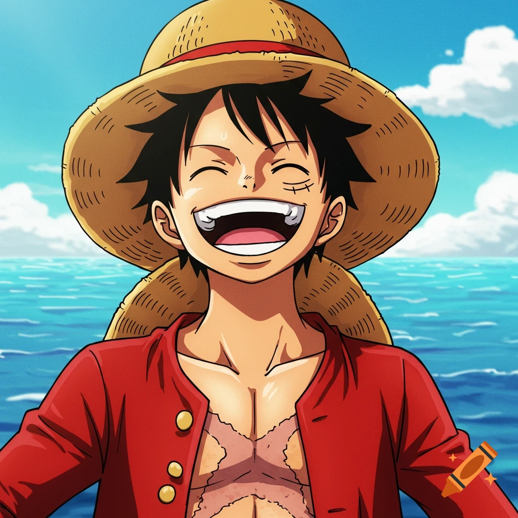 Luffy, a smiling anime character in a straw hat and open red shirt, against a blue ocean and sky background.