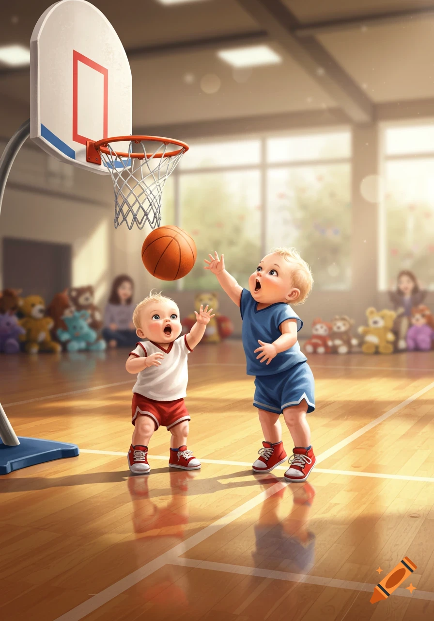 Two babies enthusiastically playing basketball on a shiny wooden court in a gym, with adults and plush toys in the background.