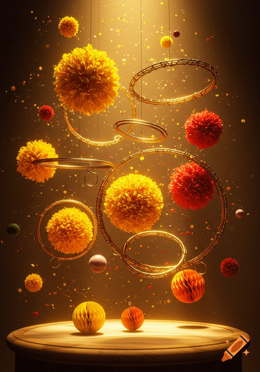 A vibrant still life with floating yellow and red floral pom-poms, golden wire rings, and paper lanterns on a wooden table.