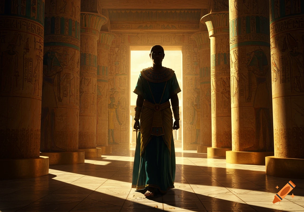 A silhouetted figure in ancient Egyptian attire stands in a grand temple hallway with sunlit columns covered in hieroglyphs.