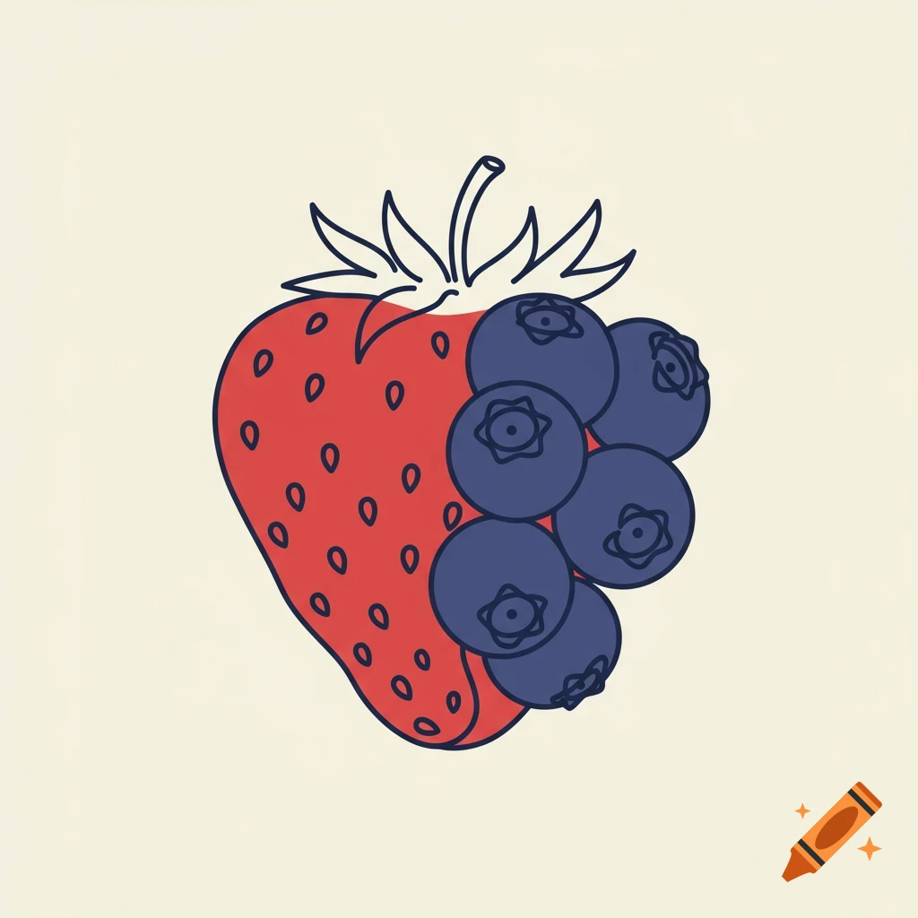 Minimalist graphic of a red strawberry next to a cluster of blue blueberries on a cream background.
