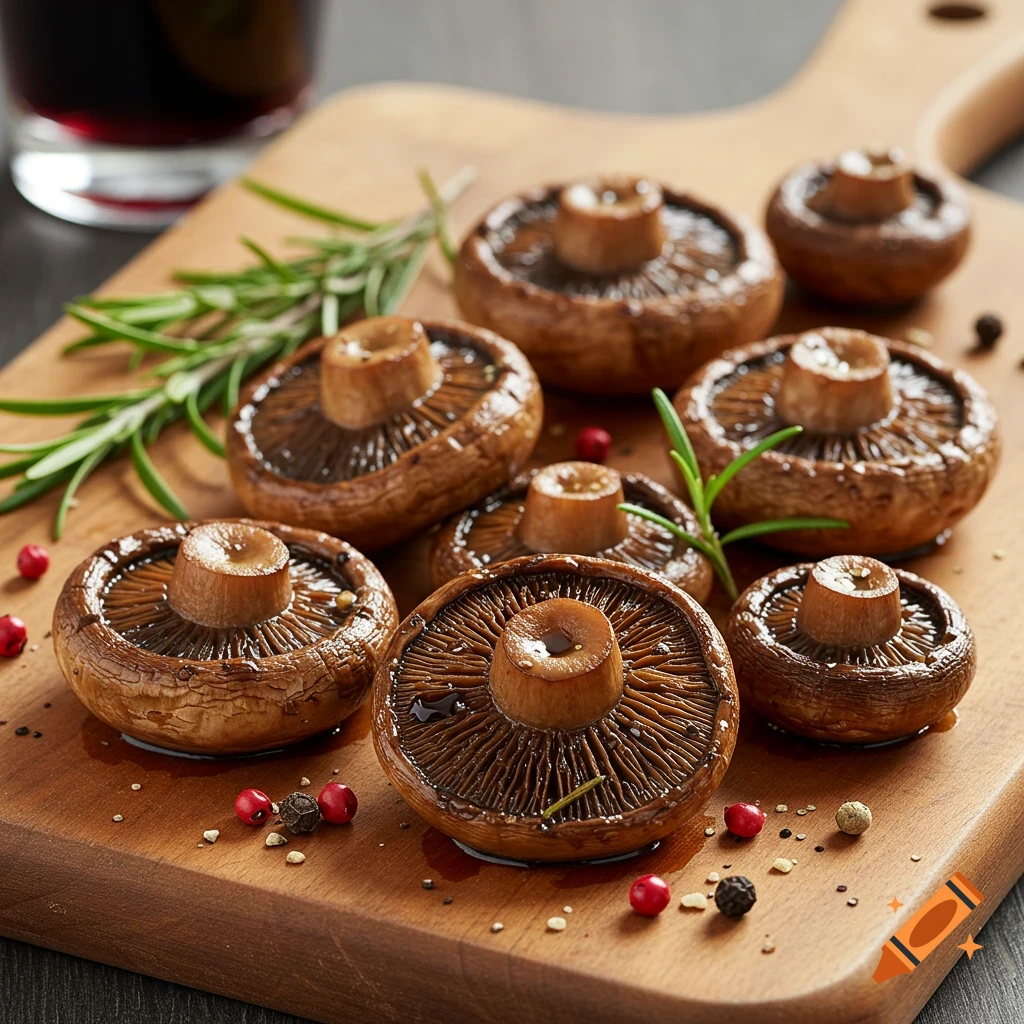 Close-up of grilled mushrooms on a wooden cutting board with rosemary, red berries, and peppercorns.