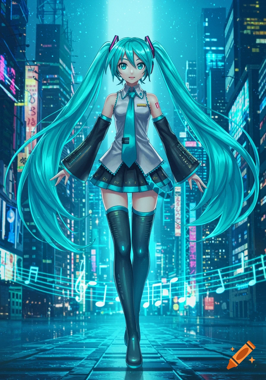 Hatsune Miku stands in a glowing cyberpunk cityscape at night, with long turquoise pigtails and musical notes, in anime style.