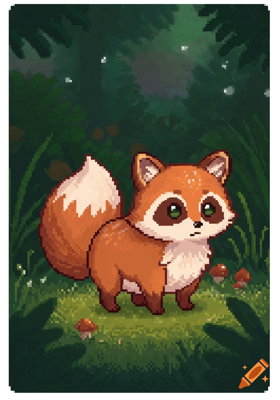 A cute, fluffy red and white pixel art fox stands in a dark green forest with mushrooms and glowing fireflies.