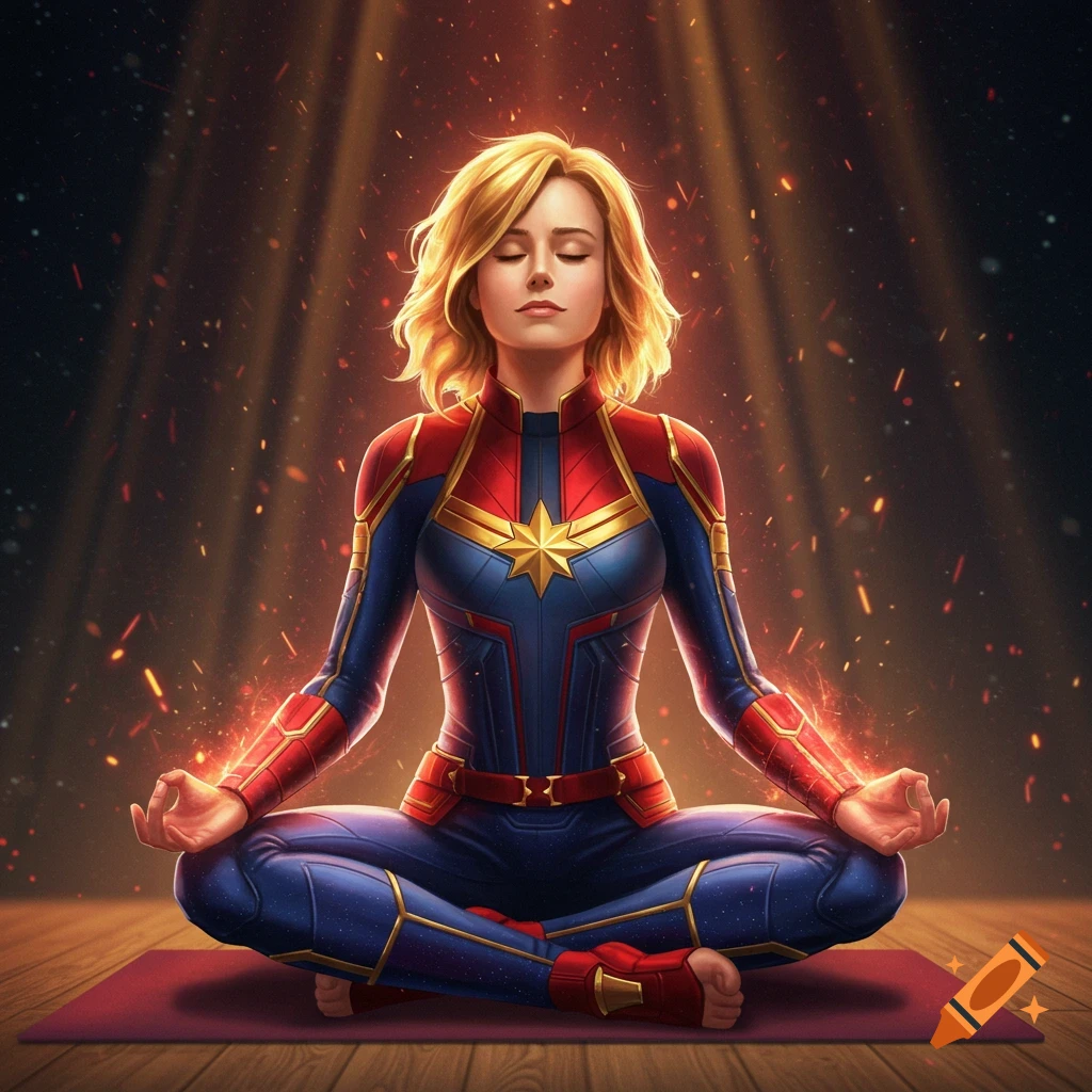 Captain Marvel meditates in a yoga lotus pose, wearing her superhero suit, surrounded by glowing energy particles.