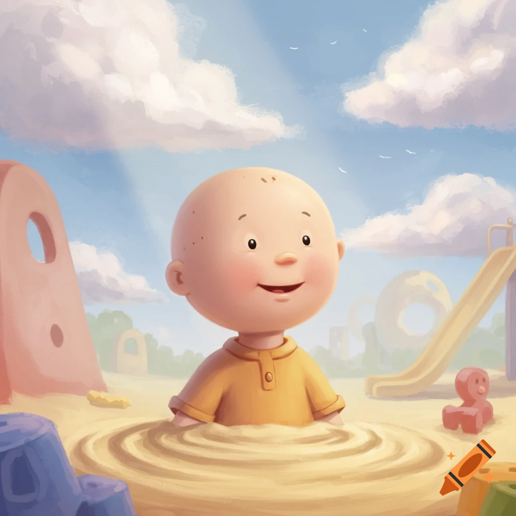 A smiling Caillou, a bald child, sits in a sandpit with ripples in the sand, set against a playground background under a cloudy blue sky, in a cartoon style.