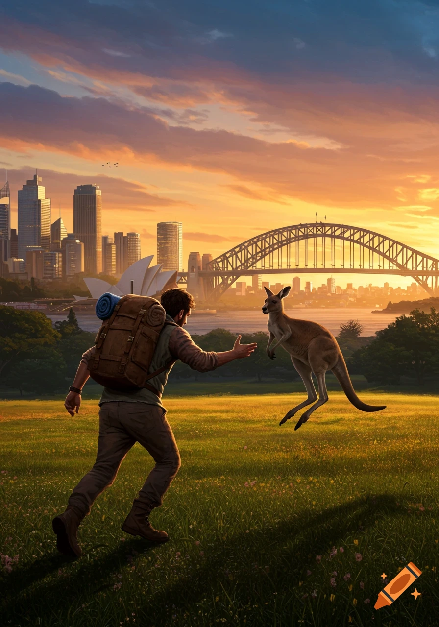 A man with a backpack approaches a kangaroo in a grassy field, with the Sydney Opera House and Harbour Bridge under a sunset sky in the background.