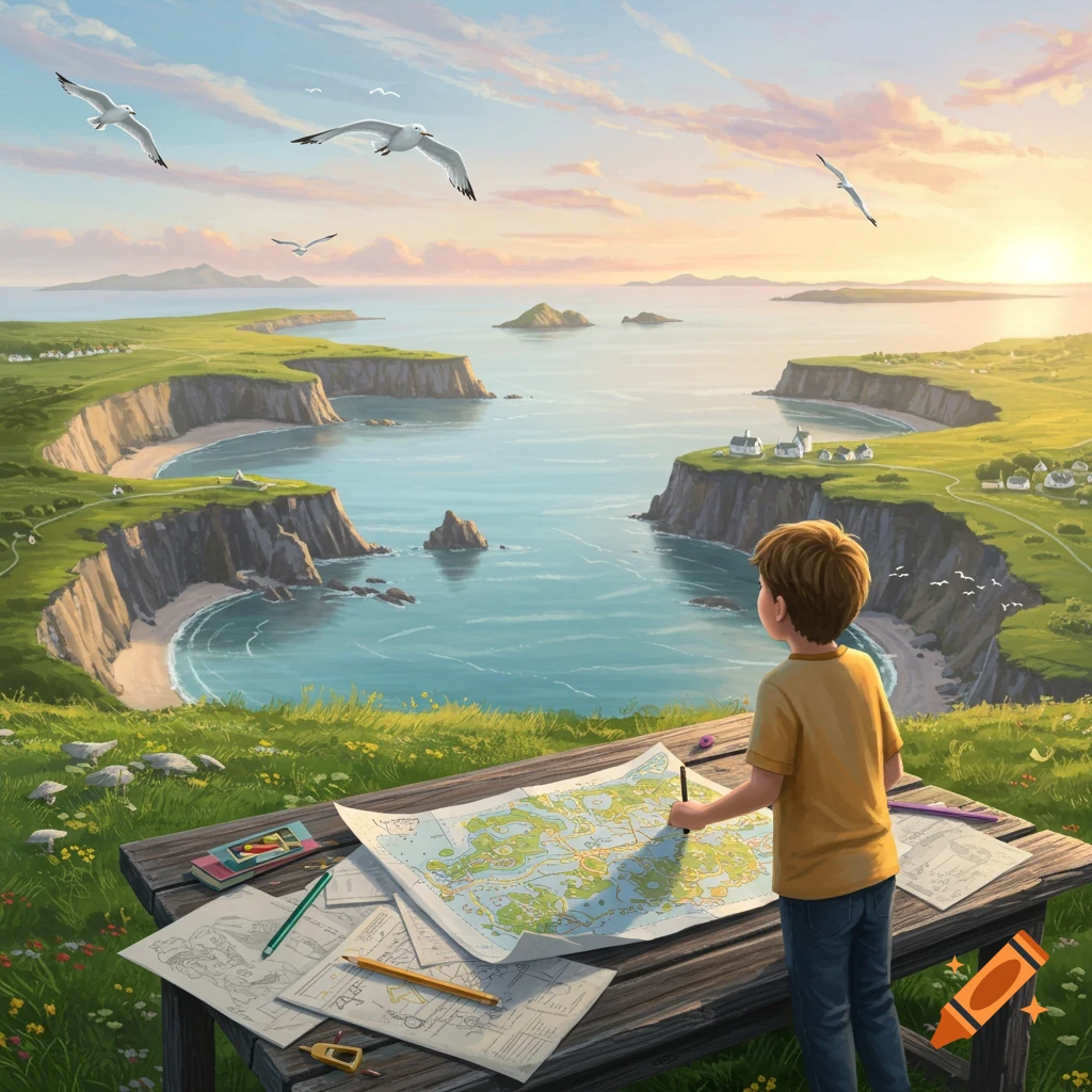 An illustrated scene of a boy studying a map on a table overlooking a vast, sunny coastal landscape with cliffs, bays, and islands.