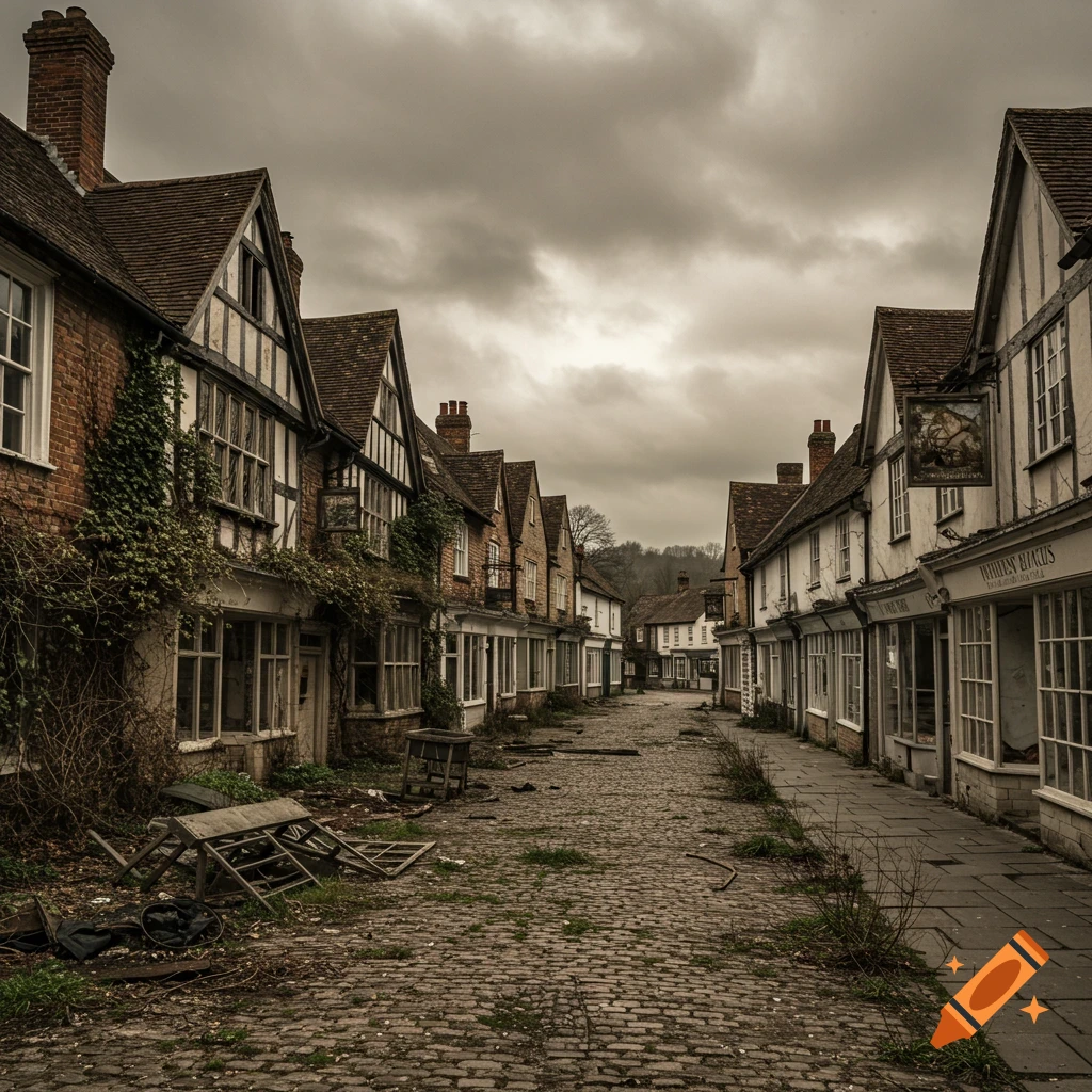 A narrow, derelict cobblestone street lined with old, overgrown timber-framed buildings under a gloomy sky, evoking a sense of abandonment.