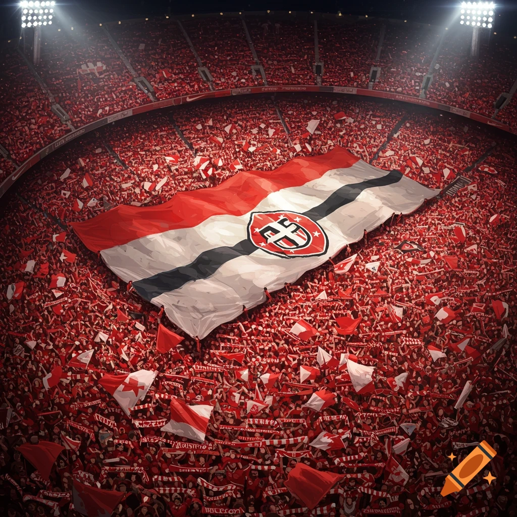 An aerial view of a packed stadium with a large crowd in red holding flags, and a giant red, white, and black flag with an emblem unfurled over them.