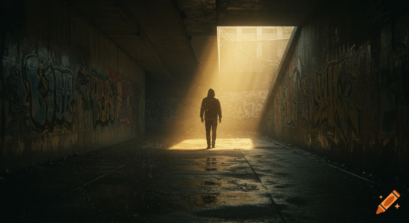 A hooded man walks through a graffiti-covered concrete underpass, dramatically lit by a beam of golden sunlight.