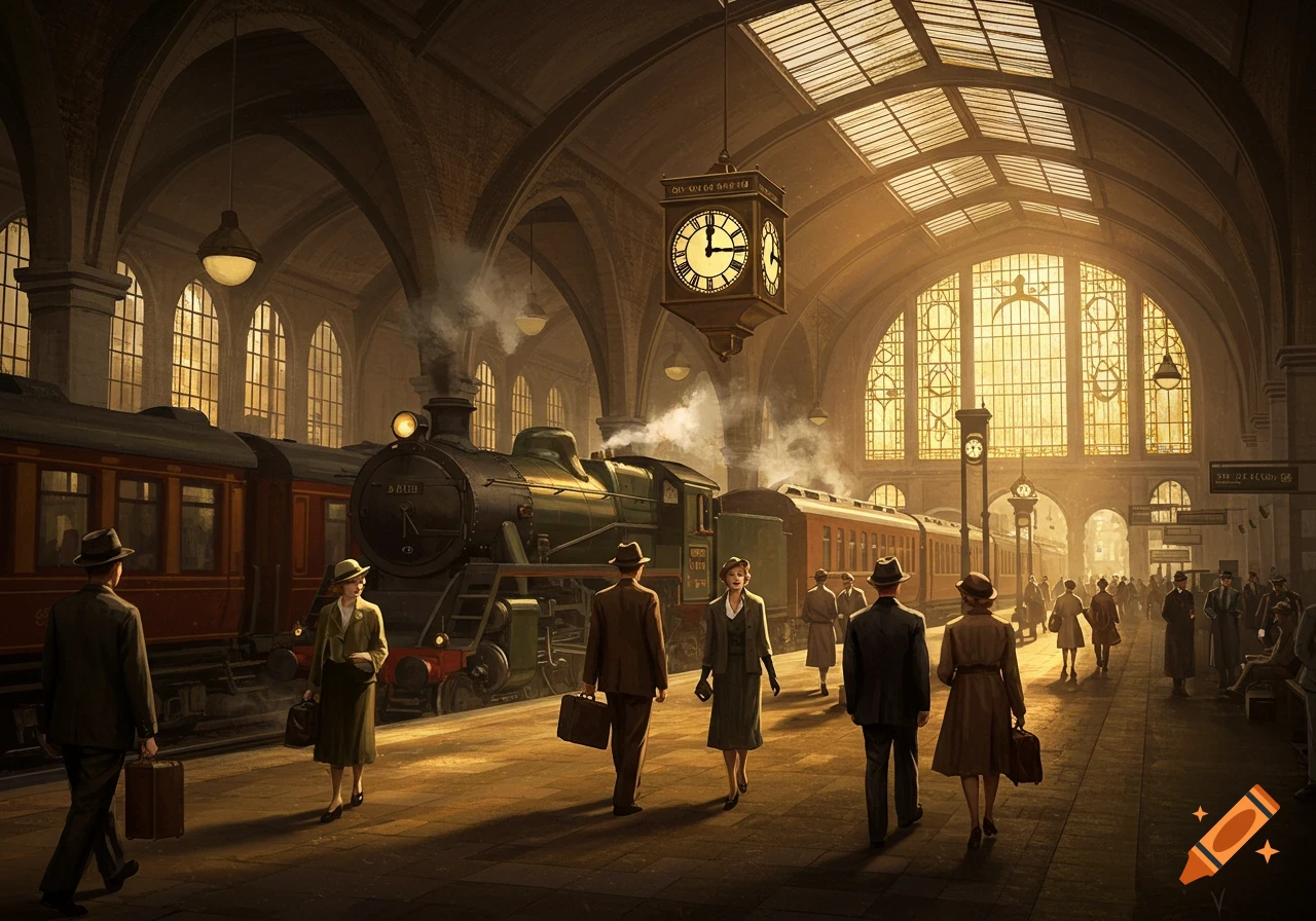 A grand, bustling 1940s train station with people, a steam locomotive, and golden light filtering through large arched windows.