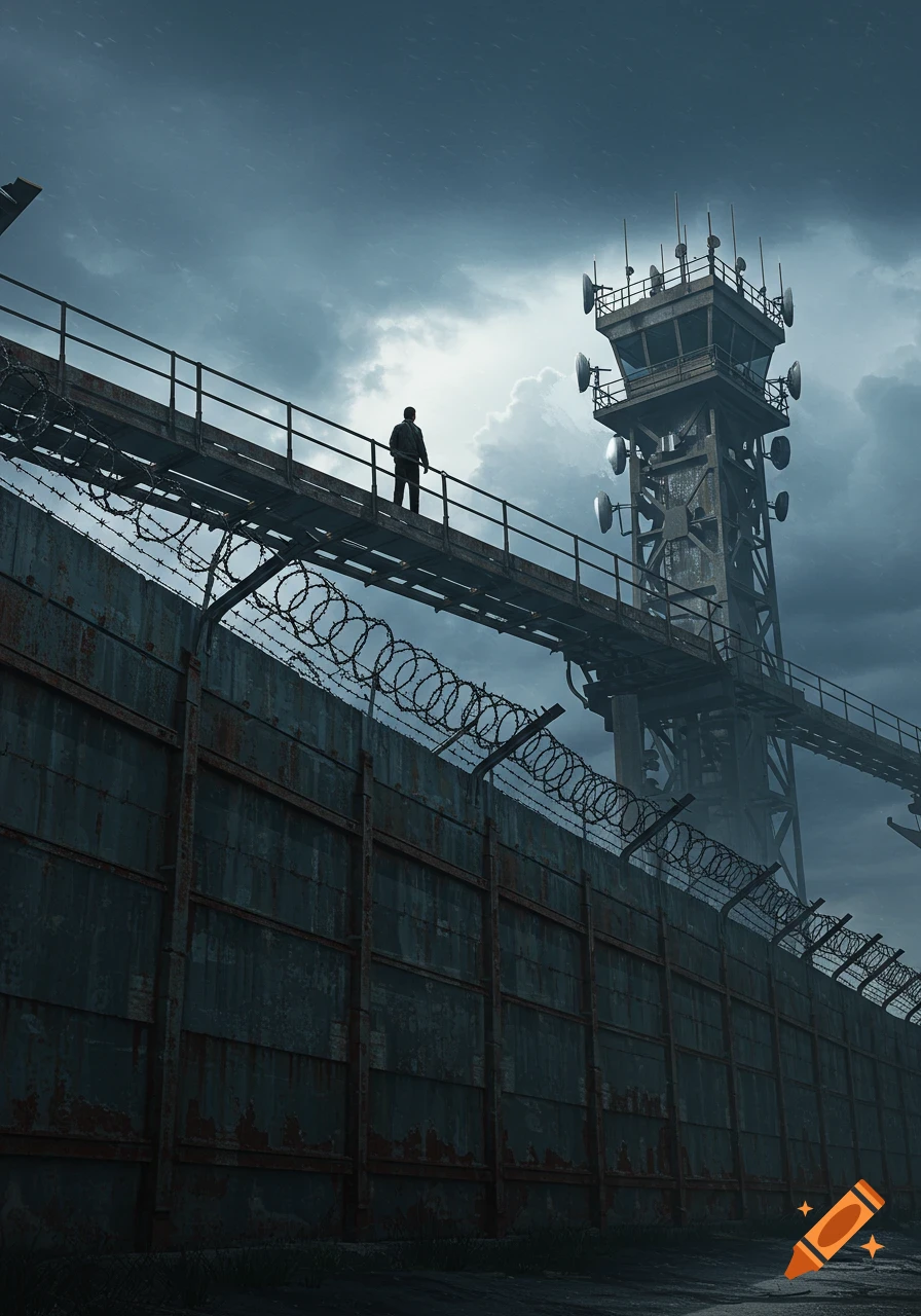 A lone figure stands on a catwalk above a barbed wire fence, next to a control tower under a stormy sky.