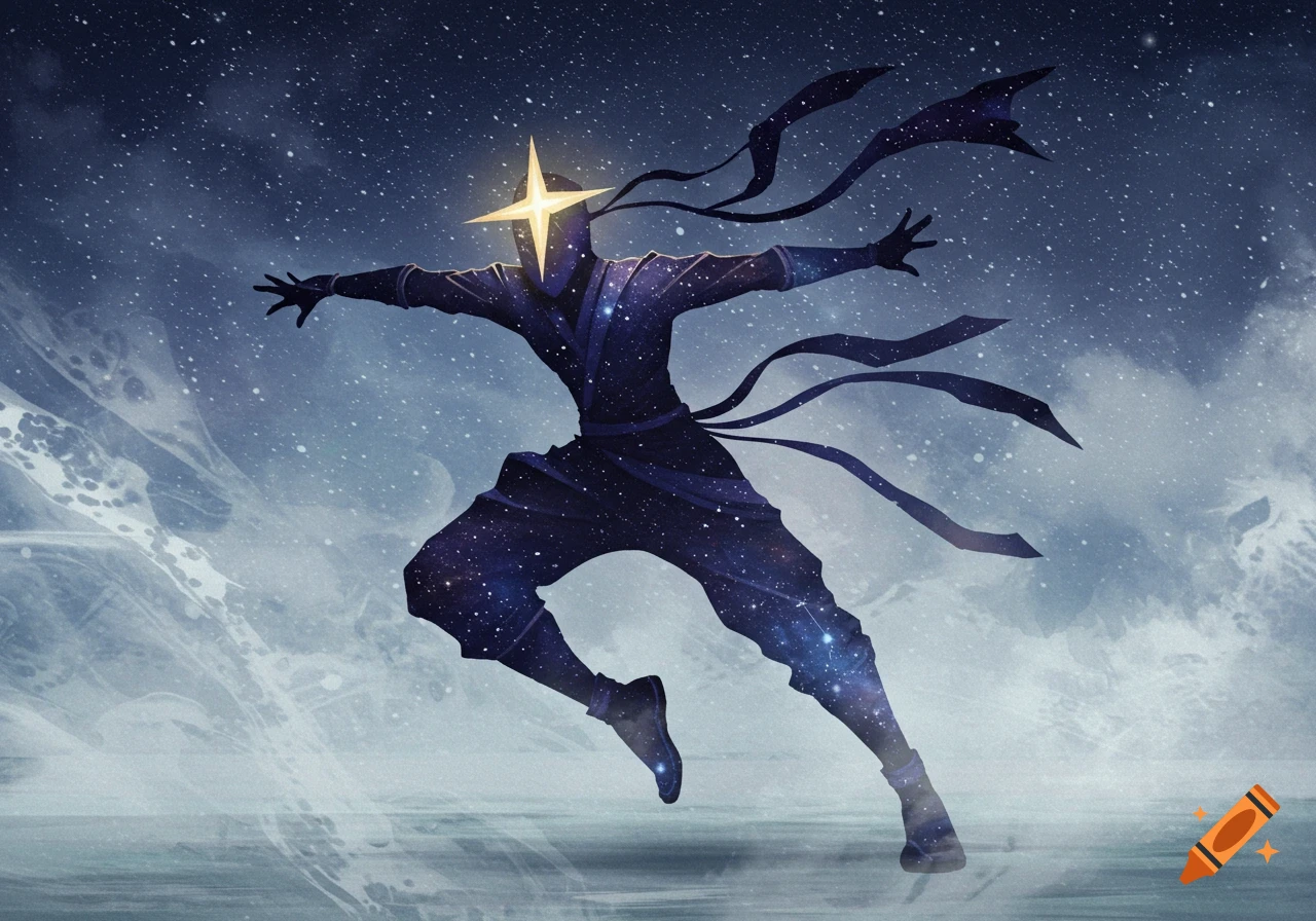 A stylized galaxy ninja with a glowing star head and flowing ribbons leaps across a snowy, cloudy landscape.