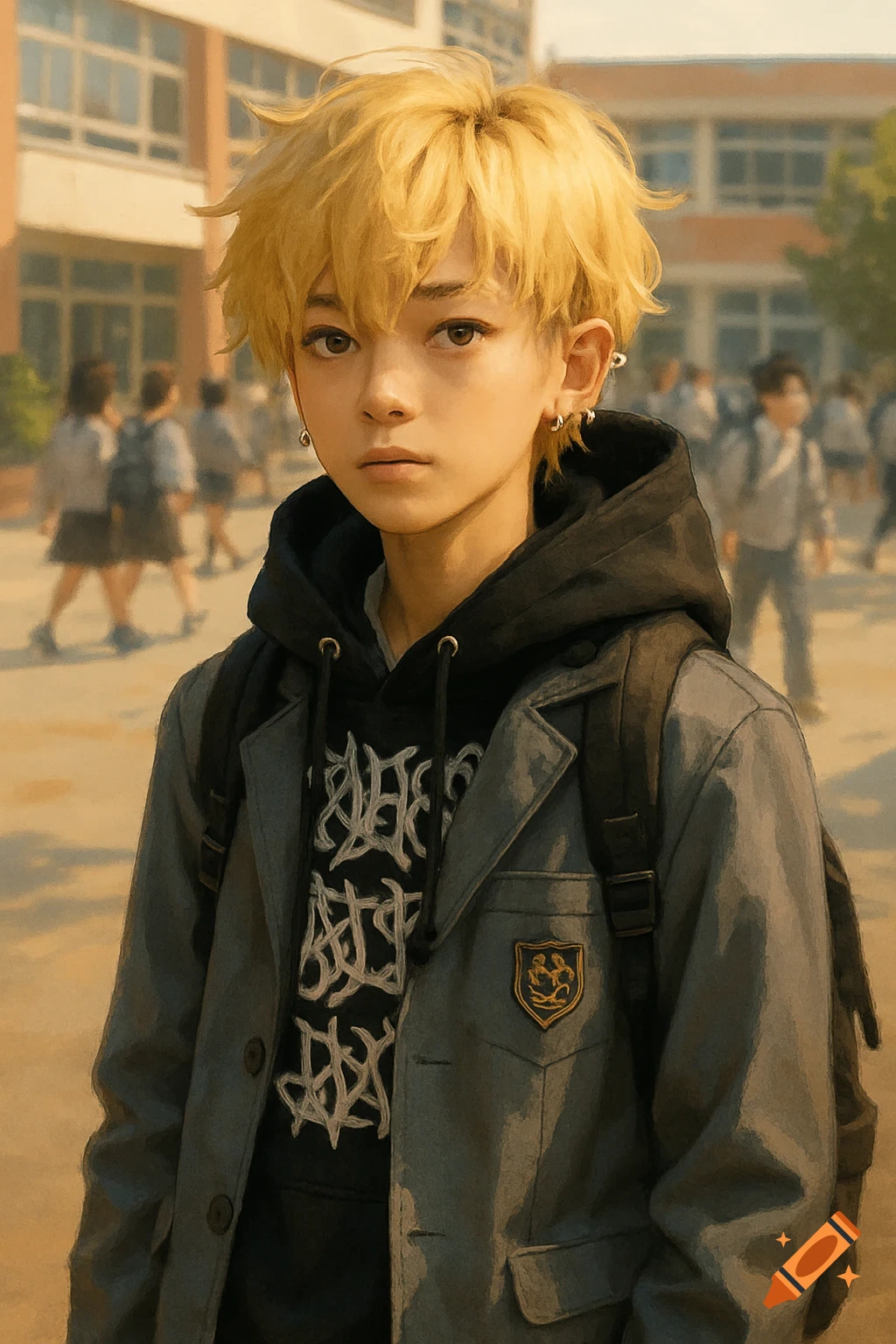 Portrait of a young Korean student with spiky blonde hair, earrings, and a grey uniform jacket over a black hoodie, standing in a schoolyard.