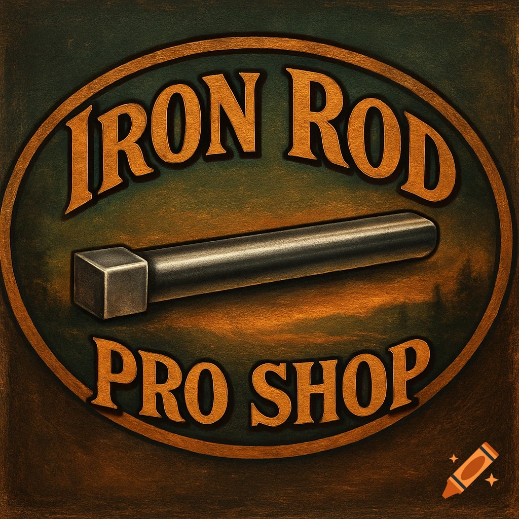 A rustic oval logo with 'IRON ROD PRO SHOP' in metallic orange letters, featuring a dark metal rod across the center, on a dark green and brown wooden background.