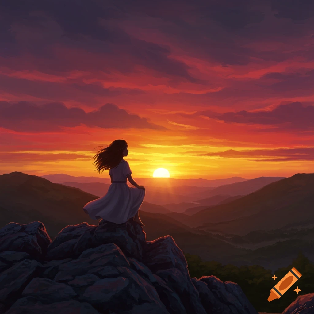 A girl sits on a mountain peak admiring a vibrant red and orange sunset over distant peaks, digital art.