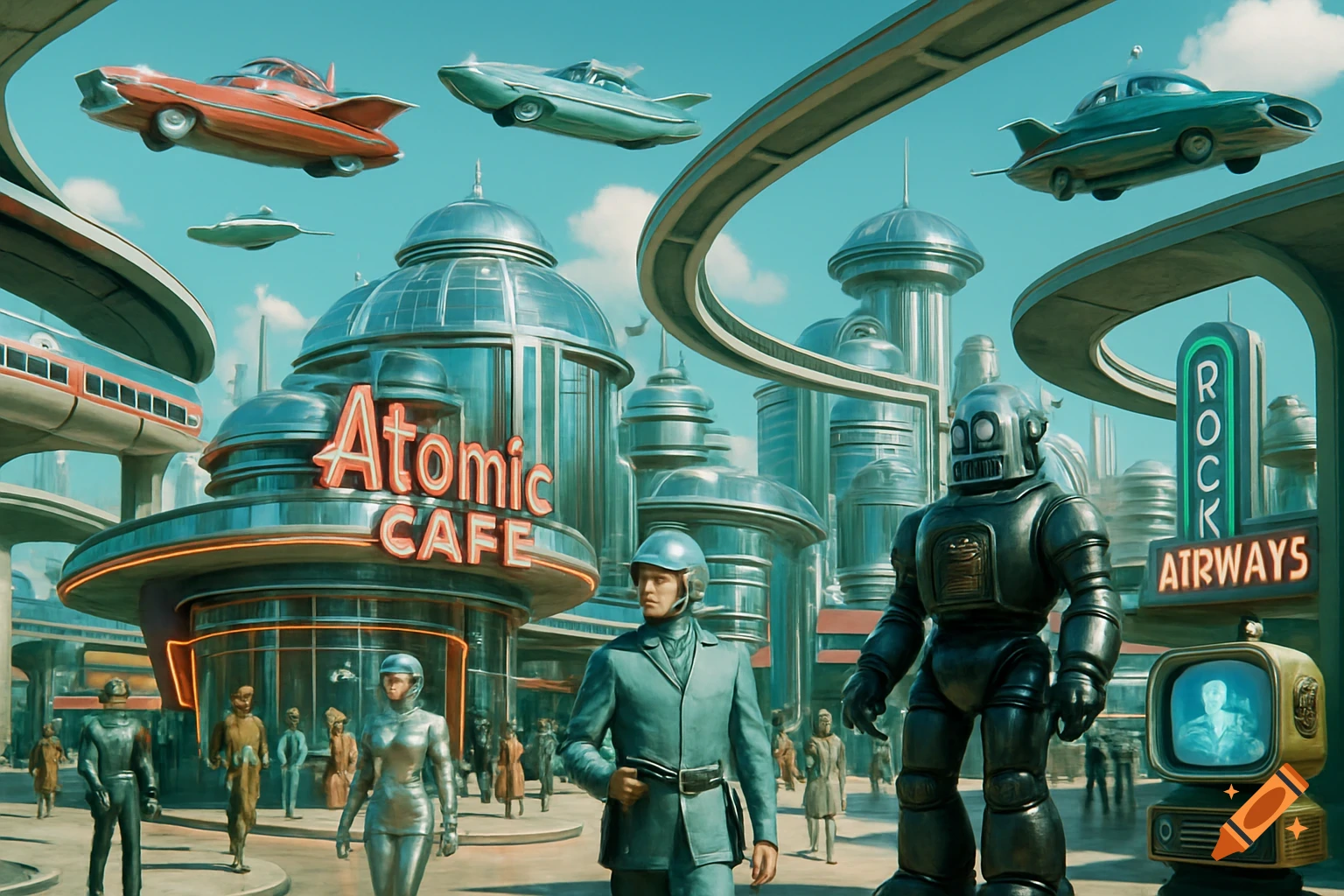 A vibrant retro-futuristic cityscape with flying cars, a monorail, domed buildings, people in futuristic attire, and large robots. A prominent "Atomic Cafe" sign is visible.
