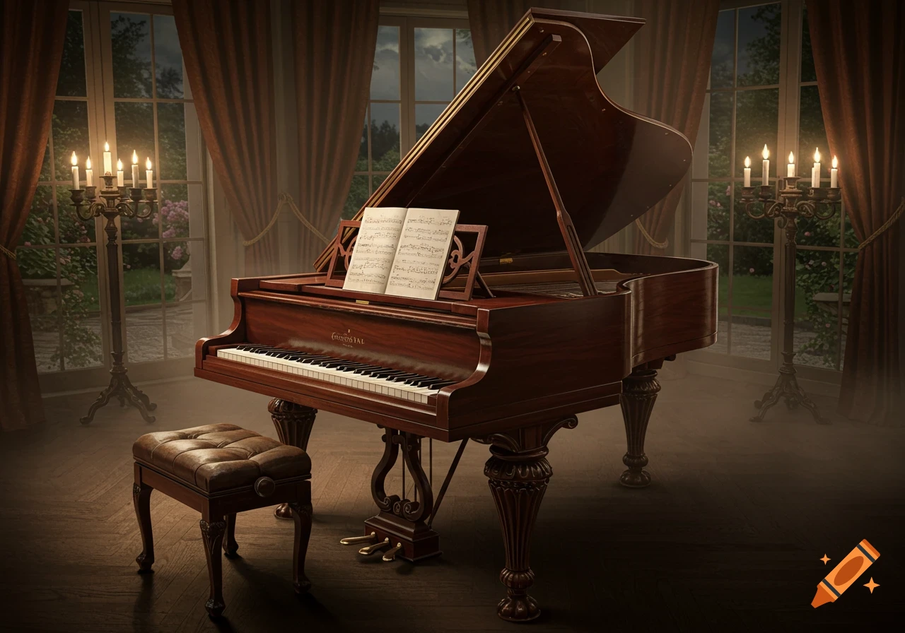 A grand piano with sheet music in an elegant room with lit candelabras and large windows looking out to a garden at dusk, photorealistic style.
