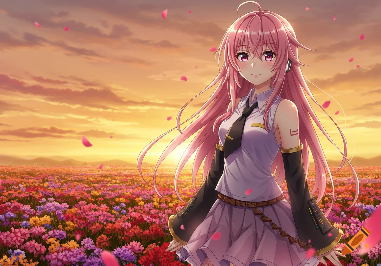 Anime girl with long pink hair in a white shirt and black tie stands in a vibrant field of flowers under a sunset sky.