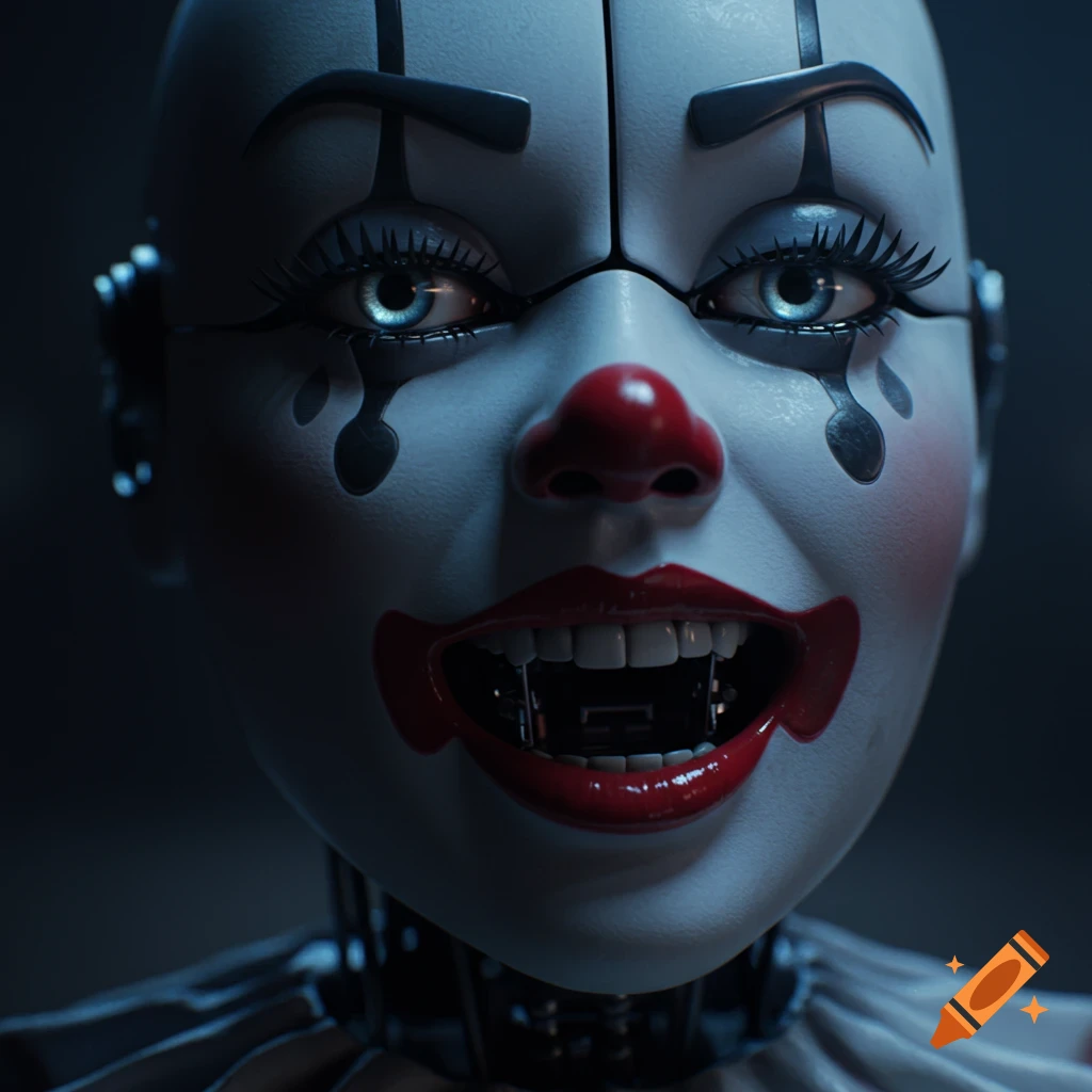Close-up, hyperrealistic photo of an eerie robot clown's face with a red nose, blue eyes, and an open mouth revealing mechanical parts.
