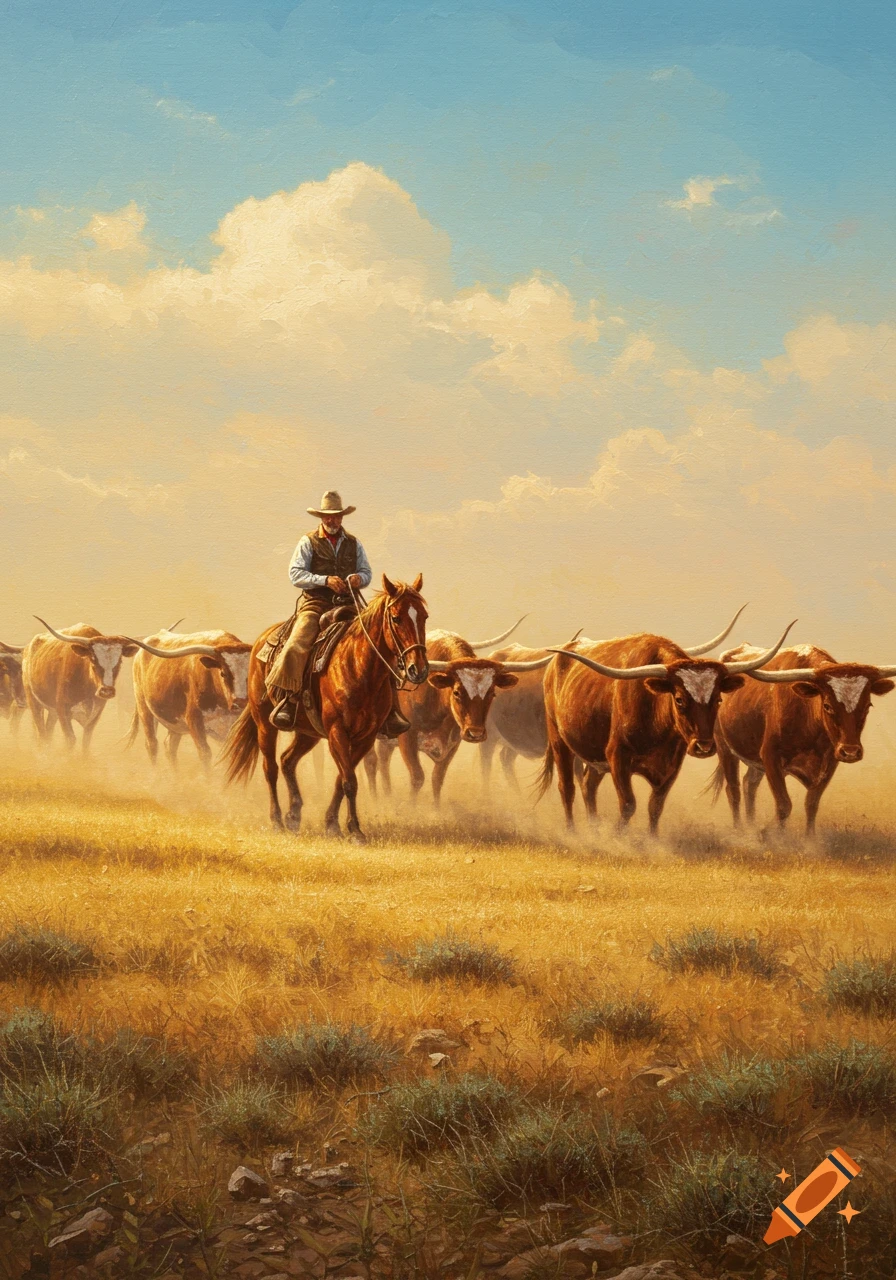 Oil painting of a cowboy on horseback herding Texas longhorn cattle through a dusty, golden field under a blue sky.