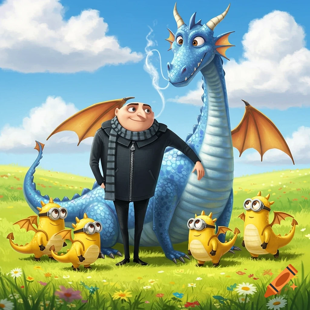 Gru stands next to a friendly blue dragon in a flowery field, surrounded by four yellow minion-dragons with wings.