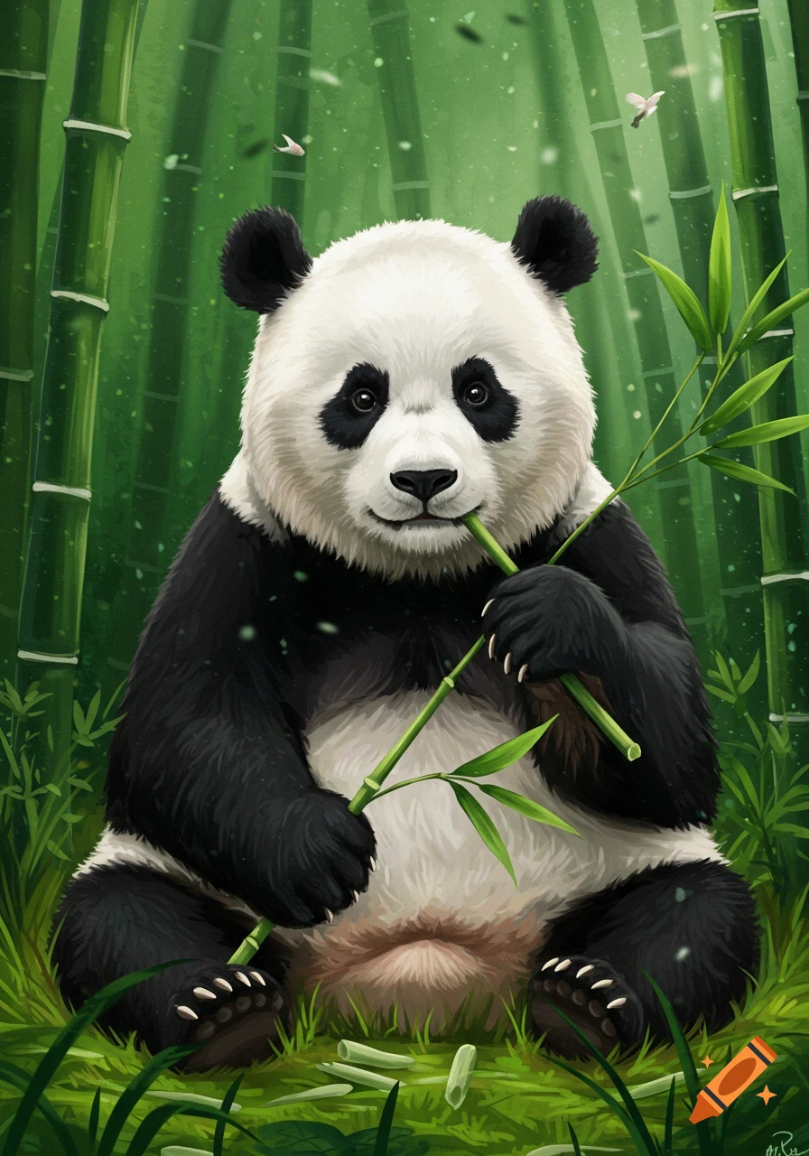 An illustrated giant panda sits eating a bamboo stalk in a vibrant green bamboo forest.