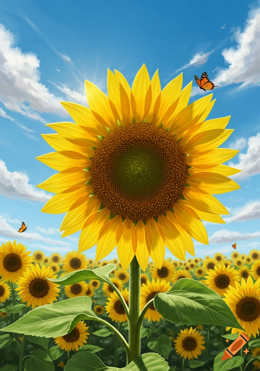A large, bright yellow sunflower stands prominently in a field under a blue sky with clouds and monarch butterflies.