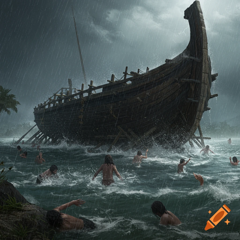 A large wooden ship is tossed in a stormy, rainy sea as people struggle to swim around it, seeking survival. Photorealistic.