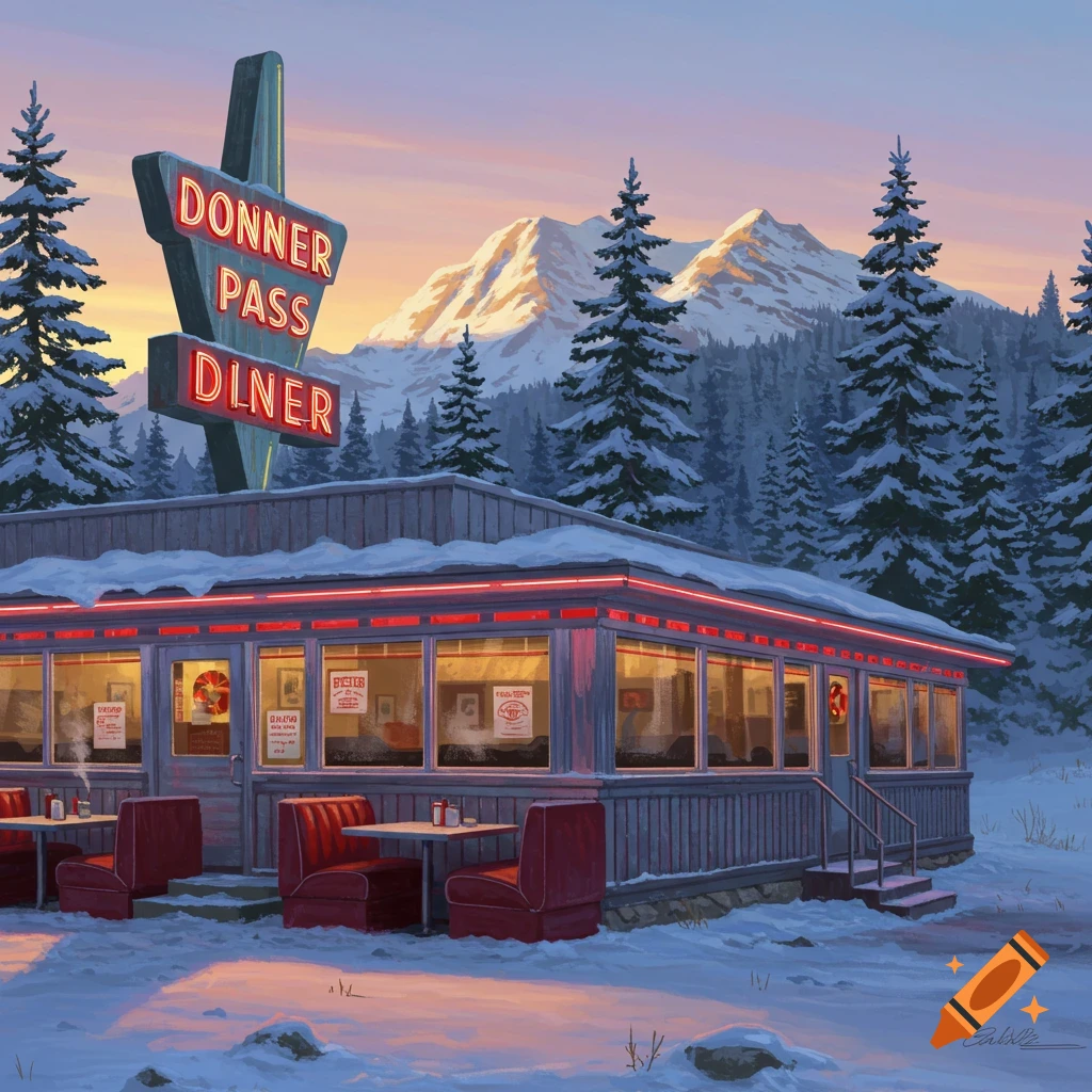 A retro diner with a neon 'DONNER PASS DINER' sign, surrounded by snow-covered pine trees and mountains at sunrise.