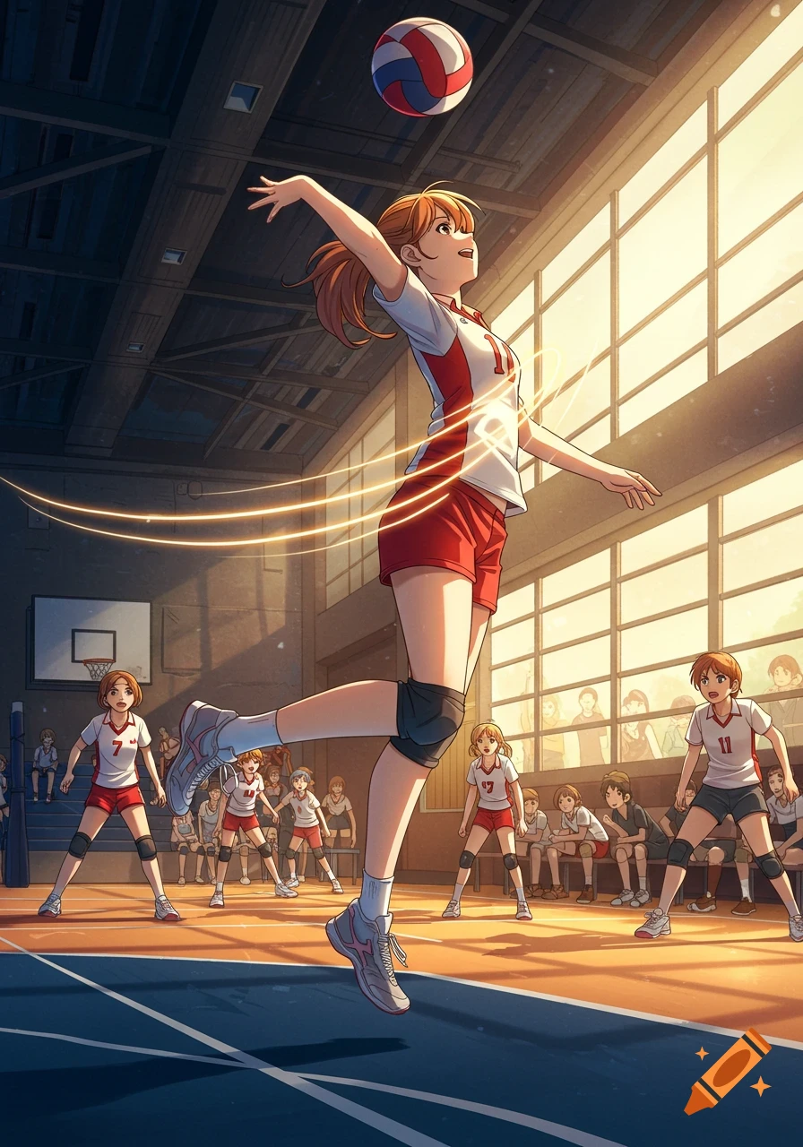 An anime girl in a red and white uniform jumps to hit a volleyball in a sunny gymnasium with other players.