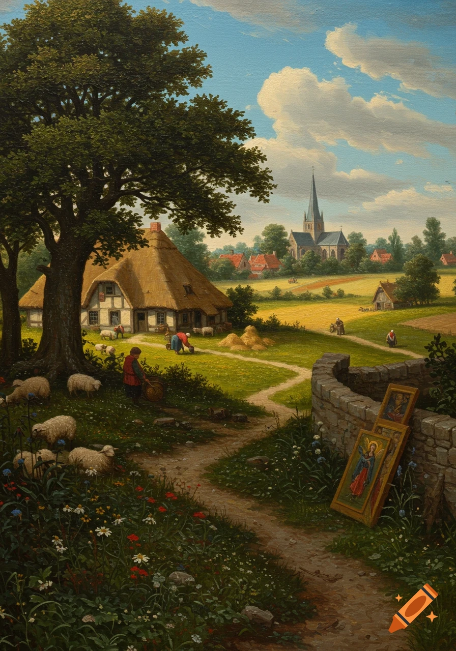 An oil painting of a 15th-century Flemish village with a thatched-roof house, sheep, a church, and people working in fields.