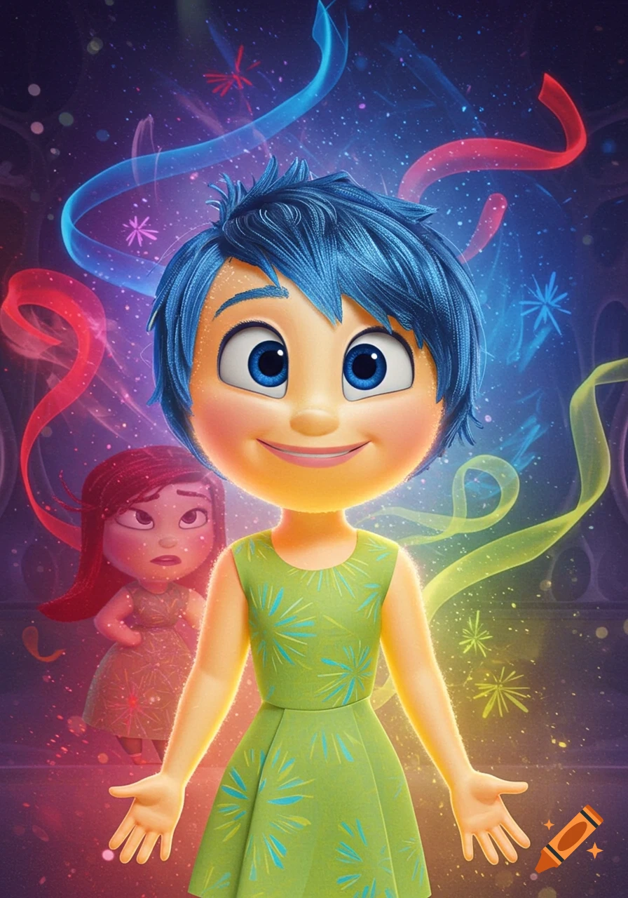 Joy from Inside Out smiles brightly in a vibrant animated scene with glowing ribbons, while Sadness looks glumly in the background.