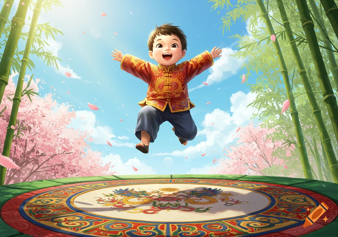 Happy Asian boy in traditional red and gold attire jumps over a dragon-patterned platform amidst cherry blossoms and bamboo.