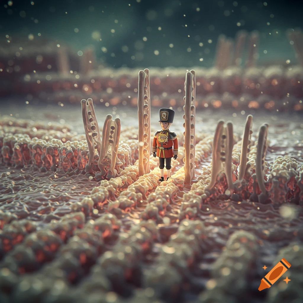 A detailed, photorealistic image of a toy soldier standing amidst glowing, microscopic cellular structures.
