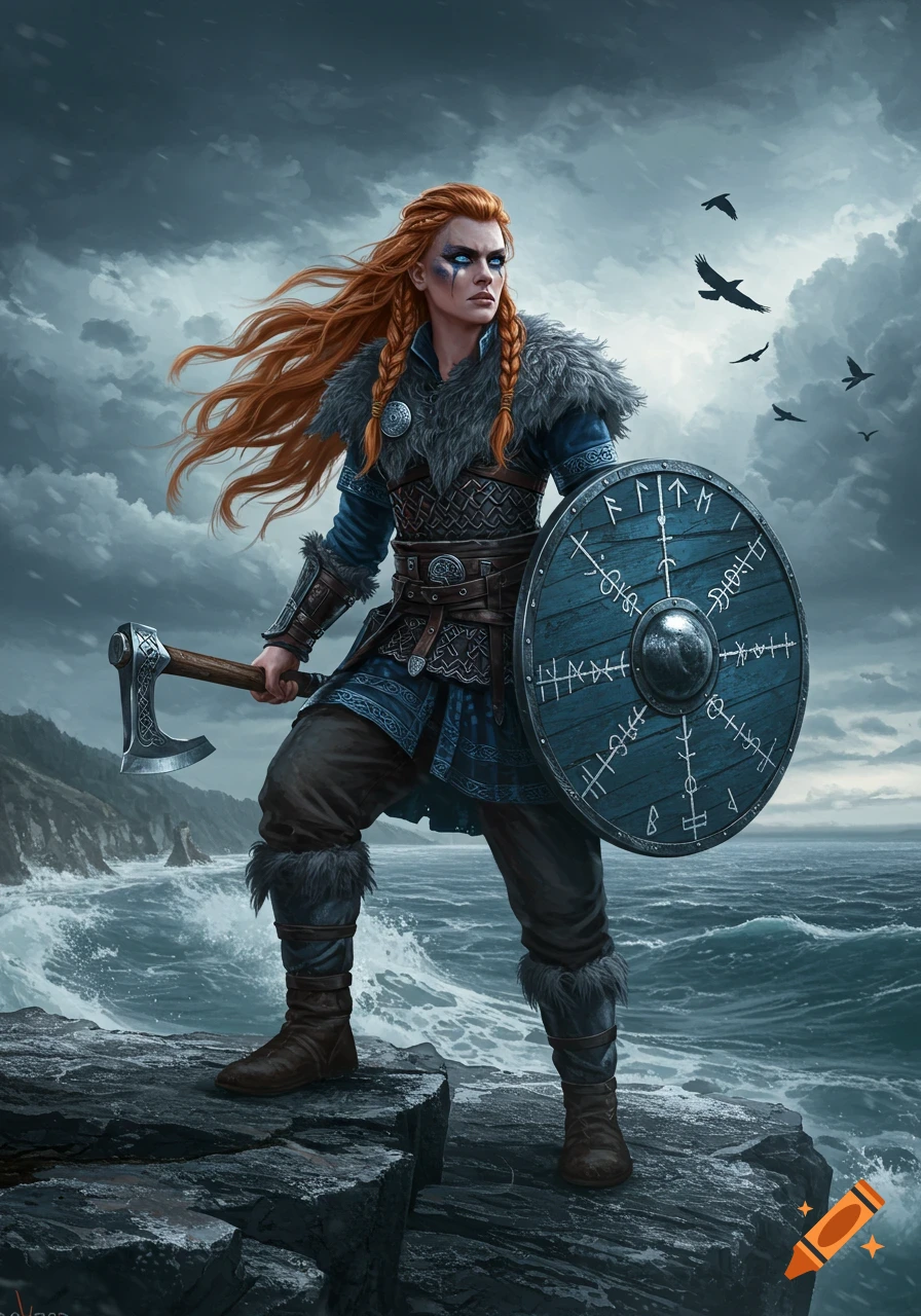 A fierce red-haired female Viking warrior stands on a rocky cliff overlooking a stormy sea, holding an axe and shield.