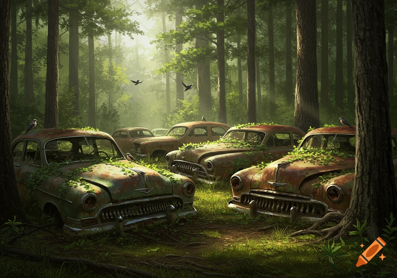 Rusty, vine-covered classic cars abandoned in a lush, sun-dappled forest with birds flying above.