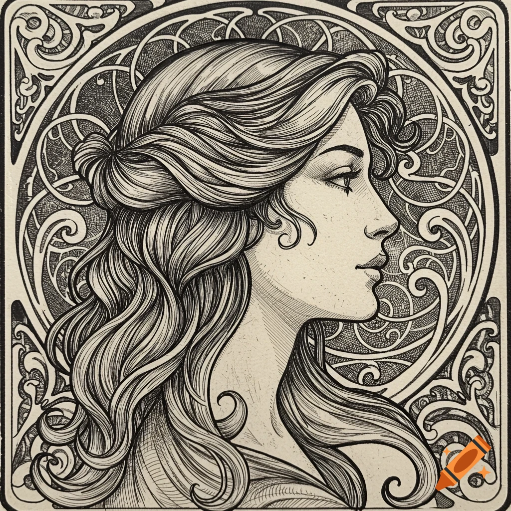 Black and white etched illustration of a woman in profile with long, wavy hair, framed by Art Nouveau patterns.