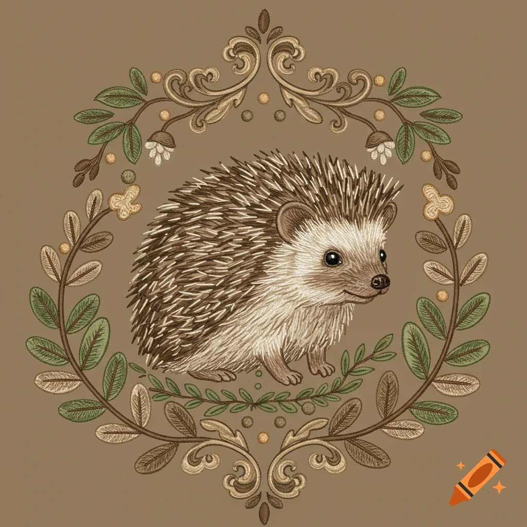 An embroidered illustration of a cute hedgehog centered within an ornate, decorative floral frame on a solid brown background.
