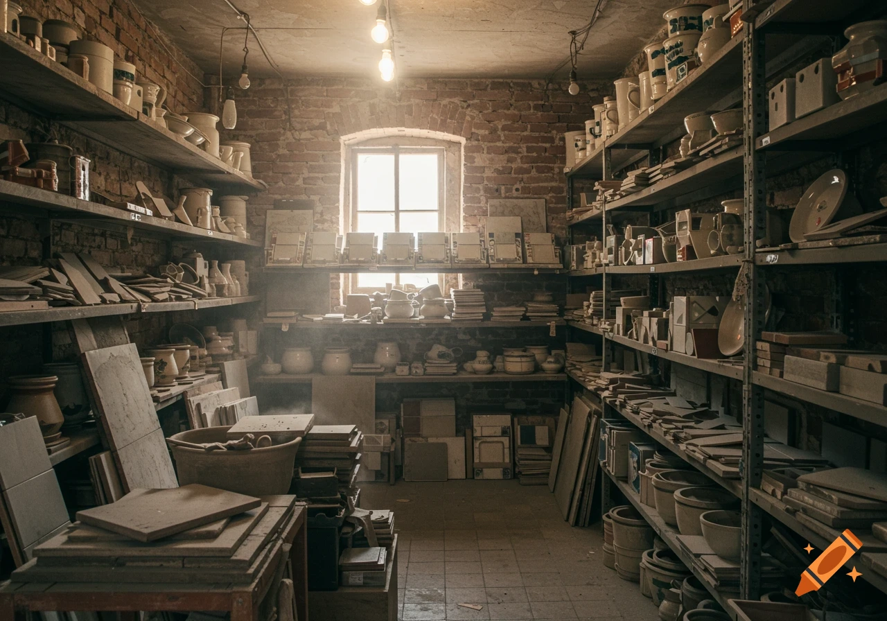 Cluttered, dusty ceramic and tile shop with shelves full of pottery, bricks, and tiles, lit by a bright window.