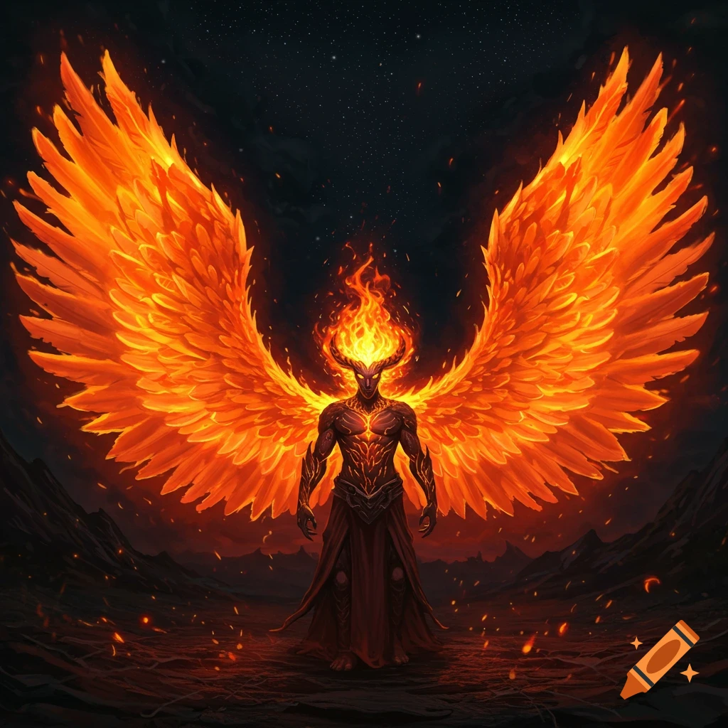 A dark fantasy art illustration of a horned, fiery humanoid figure with large orange fire wings standing on a desolate landscape under a starry sky.