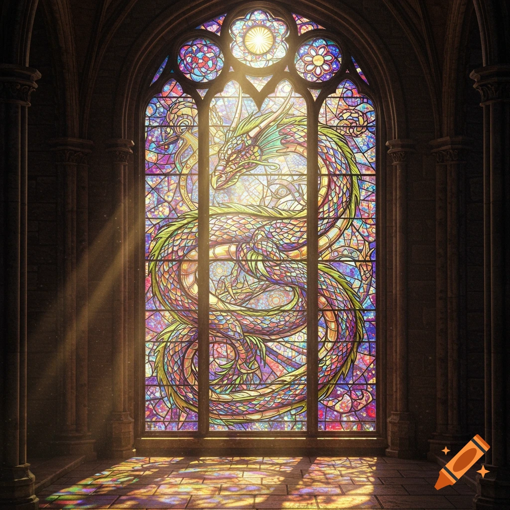 Vibrant stained-glass window depicting a colorful dragon in a gothic stone church with sunbeams.