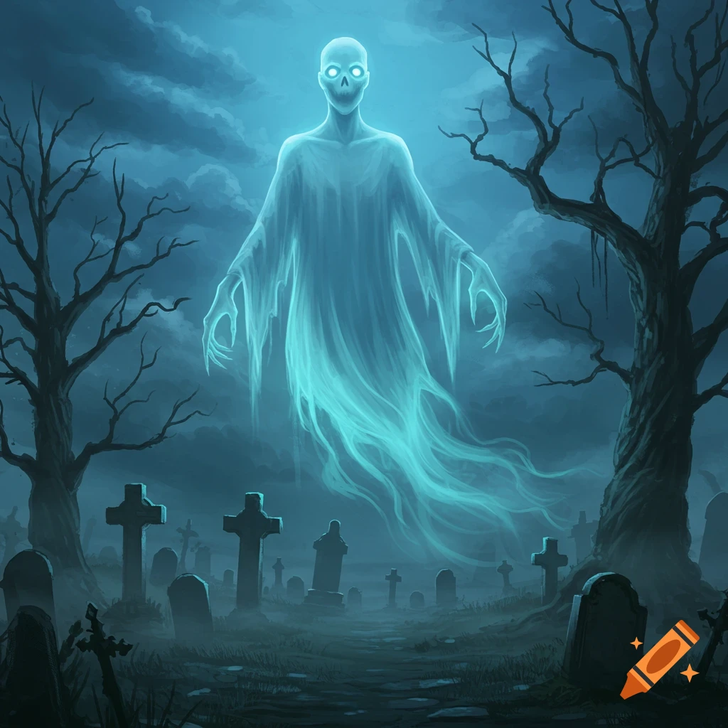 A glowing blue ghost with bright eyes floats above a dark, misty graveyard with tombstones and bare trees, in an illustrated style.