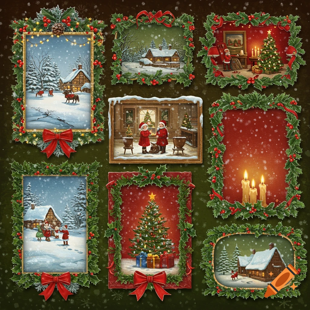 A collage of nine festive Christmas-themed illustrations, featuring winter scenes with snow, cabins, Santa, and decorated trees.