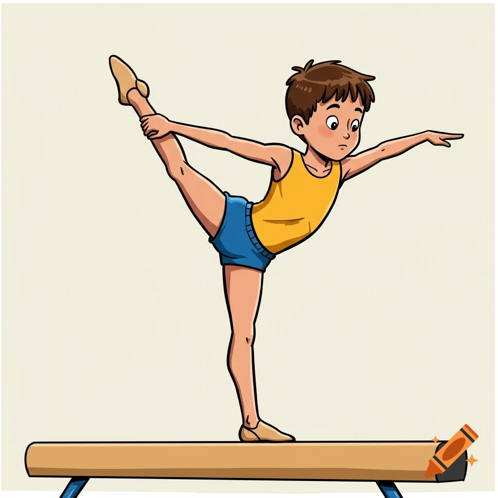 A cartoon boy in a yellow tank top and blue shorts performs a gymnastic balance on a beam.
