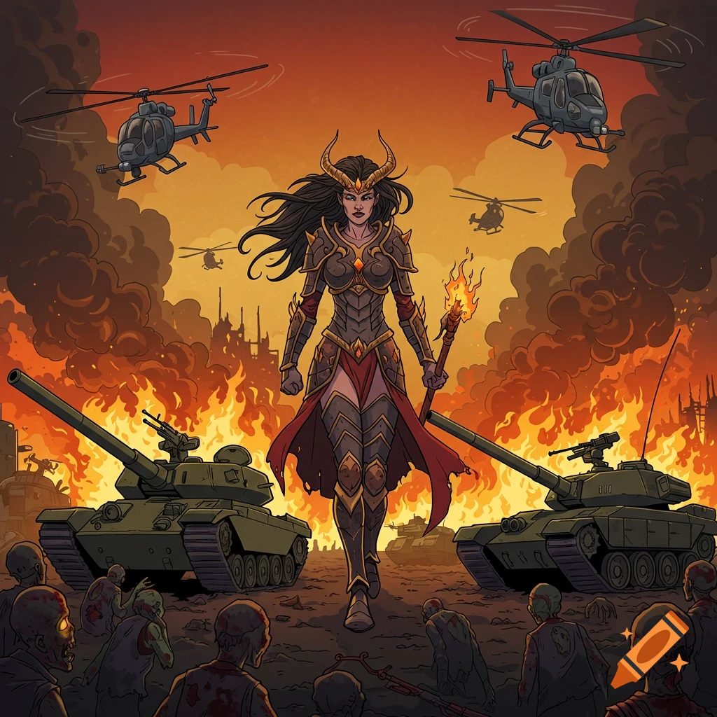 Cartoon of a horned warrior with a torch, flanked by tanks and zombies, with helicopters and burning cityscape in the background.