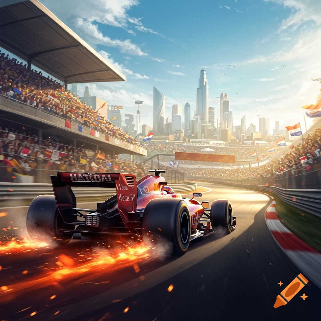 A red Formula 1 car races on a track with fiery trails, cheered by a crowd and a modern city skyline under a blue sky.